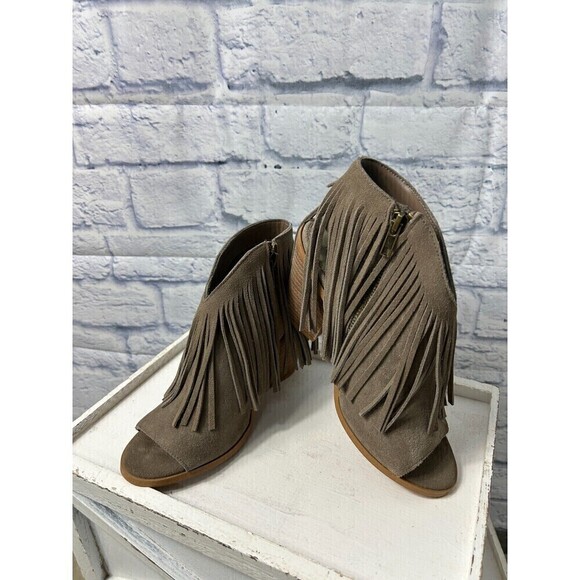 Steve Madden Women 7M Taupe Boot Suede Leather Zip Open Toe Fringe Heeled Bootie - Picture 4 of 12